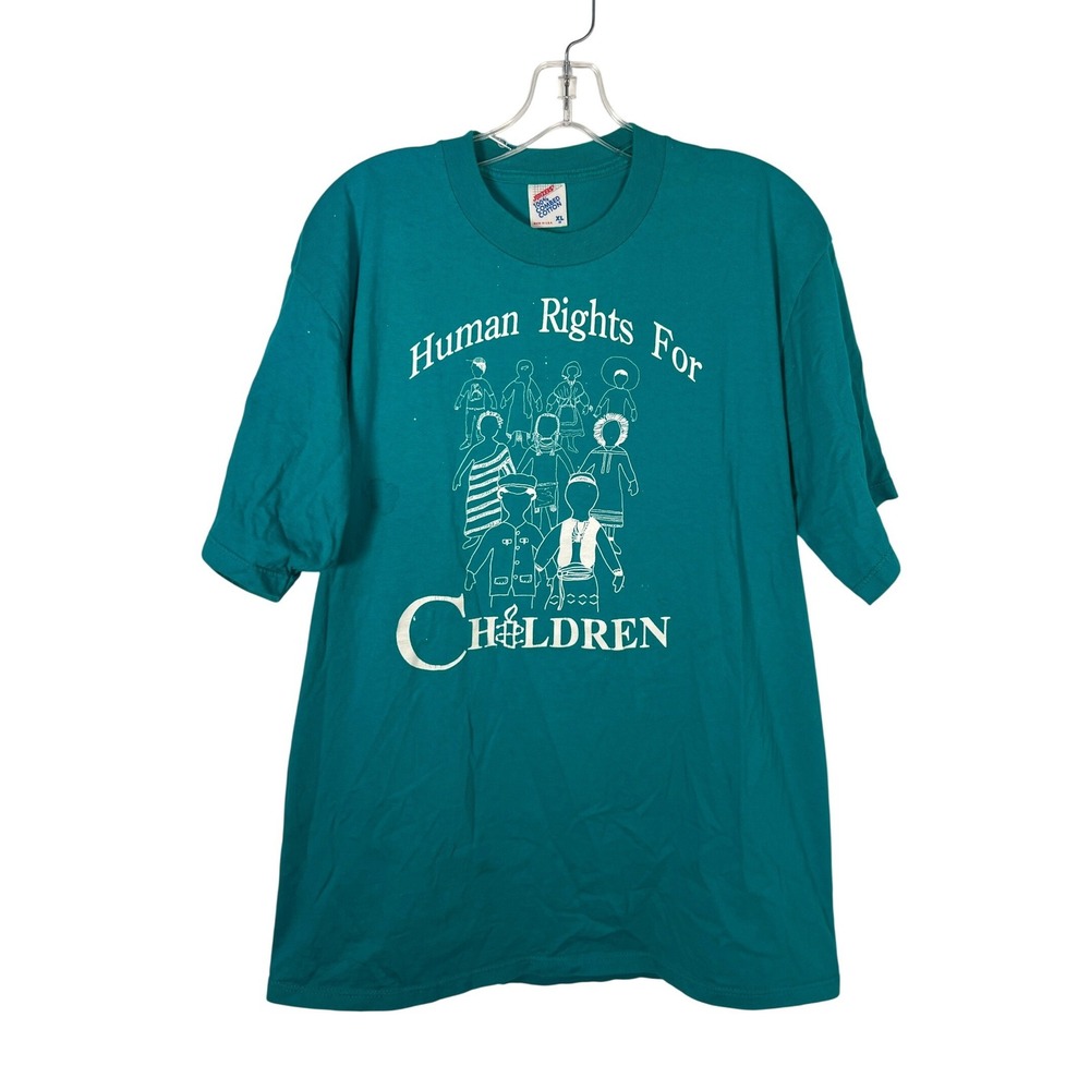 Vintage Jerzees Human Rights For Children Teal Graphic T-Shirt XL Made in USA